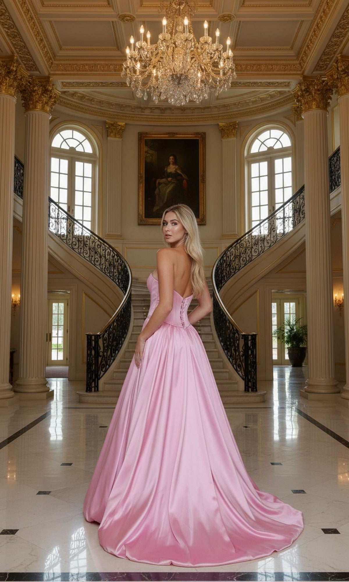 A woman in the Poly USA 25136 Long Prom Dress with a corset bodice stands in an ornate foyer featuring twin staircases, marble floors, and a chandelier overhead.